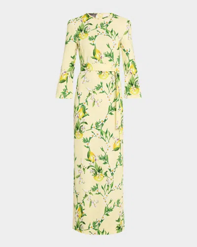 Monique Lhuillier Lemon-print Bracelet-sleeve Sheath Maxi Dress In Lemon Dropmulti