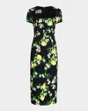 Monique Lhuillier Lemon-print Short-sleeve Corset Midi Dress In Noirmulti