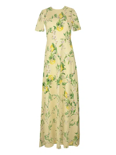 Monique Lhuillier Lemon-print Short-sleeve Gown In Yellow