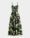 Monique Lhuillier Lemon-print Sleeveless Belted Corset Midi Dress In Noirmulti