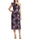 Monique Lhuillier Lina One Shoulder Jacquard Dress In Navy / Rose Gold In Multi