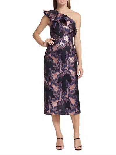 Monique Lhuillier Lina One Shoulder Jacquard Dress In Navy / Rose Gold In Multi