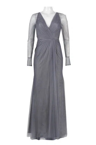 Monique Lhuillier Long Sheer Sleeve Evening Dress In Steel In Blue
