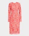 Monique Lhuillier Long-sleeve Lace Sheath Midi Dress In Coralrosette
