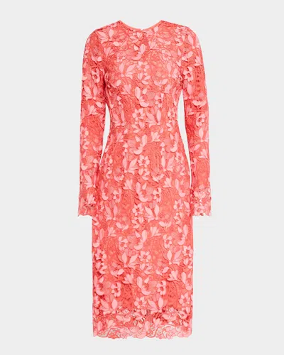 Monique Lhuillier Long-sleeve Lace Sheath Midi Dress In Coralrosette