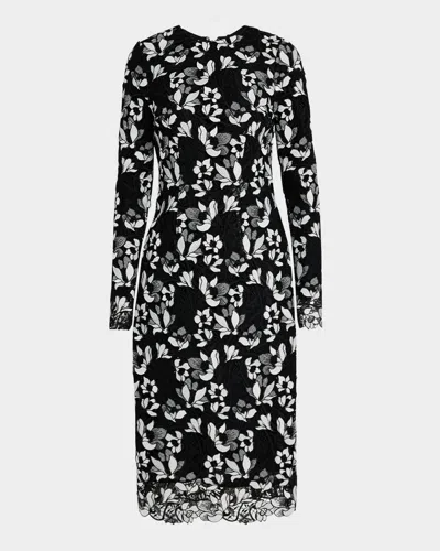 Monique Lhuillier Long-sleeve Lace Sheath Midi Dress In Noirsilk White