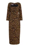 Monique Lhuillier Long Sleeve Square Neck Sheath With Belt In Brown