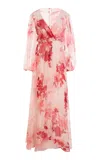 Monique Lhuillier Long Sleeve Tie Neck Silk Gown In Pink