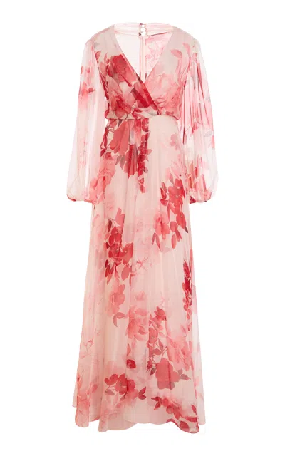 Monique Lhuillier Long Sleeve Tie Neck Silk Gown In Pink
