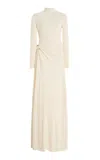 Monique Lhuillier Long Sleeved Draped Gown With Gold Ball Piercing In Neutral