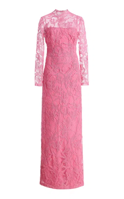 Monique Lhuillier Long-sleeve Maxi Dress With Separate Slip In Pink