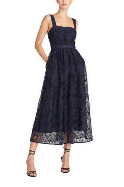 Pre-owned Monique Lhuillier ml  Square Neck Sleeveless Ruched Embroidered Zipper Back In Navy
