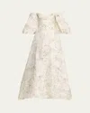 Monique Lhuillier Off-the-shoulder Floral Blouson-sleeve Ball Gown In Silk Whitenoir