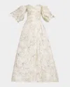 Monique Lhuillier Off-the-shoulder Floral Blouson-sleeve Ball Gown In Silk Whitenoir