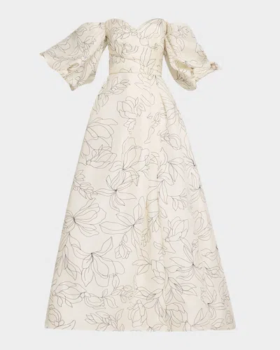 MONIQUE LHUILLIER OFF-THE-SHOULDER FLORAL BLOUSON-SLEEVE BALL GOWN