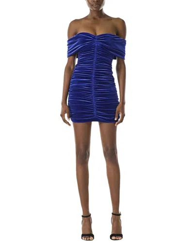 Monique Lhuillier Off The Shoulder Ruched Silk-lined Mini Dress In Blue