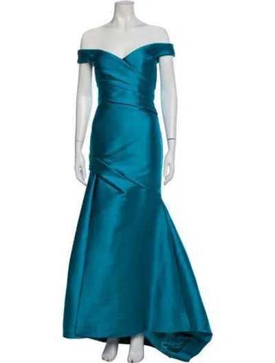 Pre-owned Monique Lhuillier Off-the-shoulder Long Dress In Blue