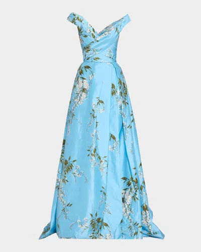 Monique Lhuillier Off-the-shoulder Wisteria Silk Taffeta Slit Ball Gown In Blue