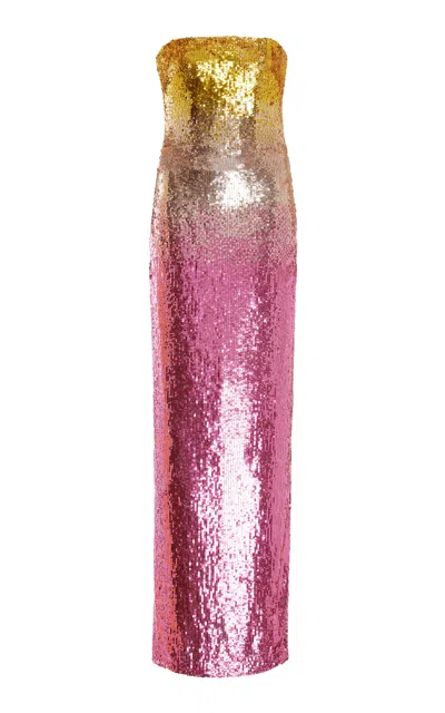 Monique Lhuillier Ombre Sequined Column Gown In Pink
