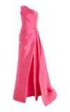 Monique Lhuillier One Shoulder Draped Gown With Train In Pink