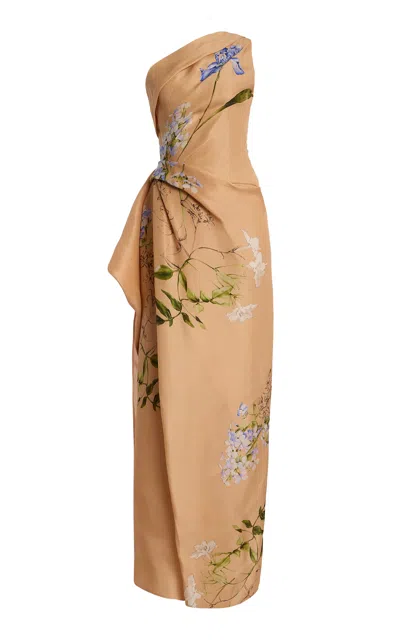 Monique Lhuillier One Shoulder Draped Silk Gown In Brown