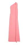 Monique Lhuillier One Shoulder Drapedwool Blend Gown With Ball Piercing In Pink