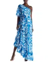 Monique Lhuillier One-shoulder Printed Linen Caftan Gown