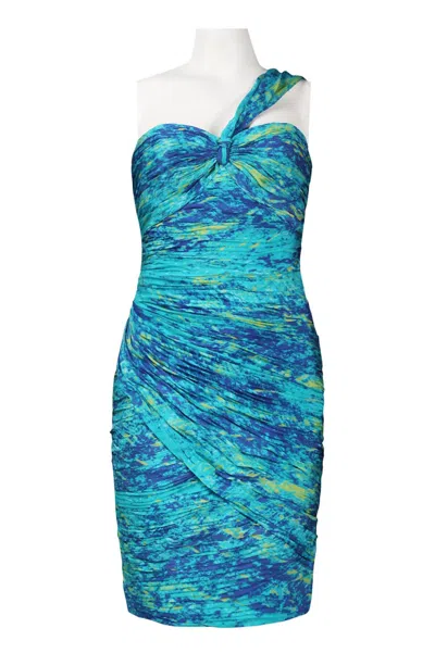Monique Lhuillier One Shoulder Ruched Dress In Rainforest In Multi