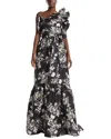 Monique Lhuillier One Shoulder Ruffle Silk Gown In Multi