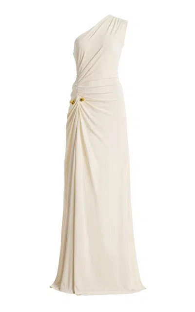 Monique Lhuillier One-shoulder Draped Gown In Neutral