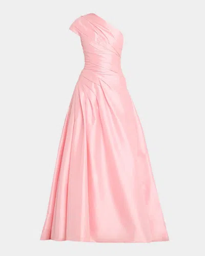 Monique Lhuillier One-shoulder Draped Taffeta Ball Gown In Pink