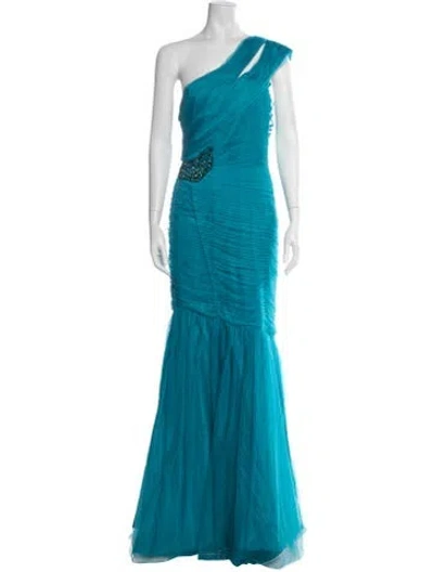 Pre-owned Monique Lhuillier One-shoulder Long Dress In Green