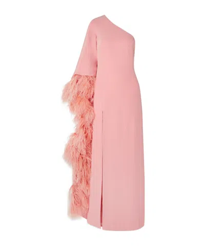 Monique Lhuillier One-sleeve Feather-trimmed Gown In Pink