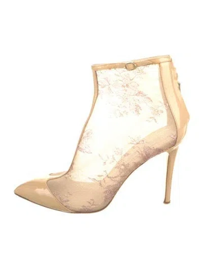 Pre-owned Monique Lhuillier Patent Leather Lace Trim Embellishment Boots In Neutral