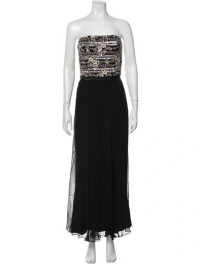 Pre-owned Monique Lhuillier Patterned Long Dress In Black