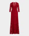 Monique Lhuillier Plunging 3/4-sleeve Guipure Lace Gown In Red