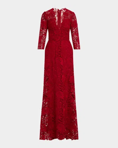Monique Lhuillier Plunging 3/4-sleeve Guipure Lace Gown In Red