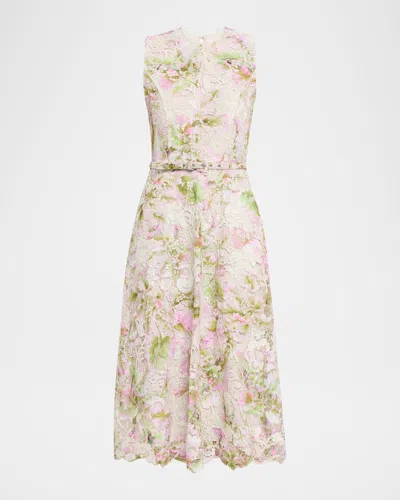 Monique Lhuillier Printed Tulip Lace Sleeveless Belted Midi Dress In Pink