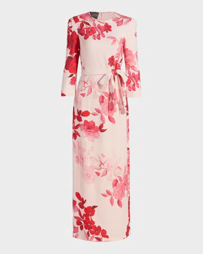 Monique Lhuillier Rose-print Crepe Belted Bracelet-sleeve Maxi Dress In Pink