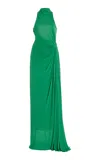 Monique Lhuillier Ruched Turtleneck Backless Jersey Gown In Green