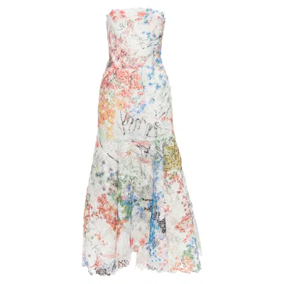 Monique Lhuillier Runway Scribble Print Lace Lace Strapless Midi Dress In White