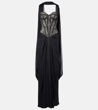 Monique Lhuillier Scarf-detail Draped Lace Gown In Black