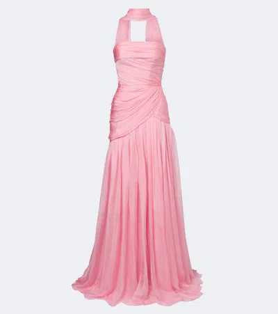 Monique Lhuillier Scarf-detail Draped Silk Bustier Gown In Pink
