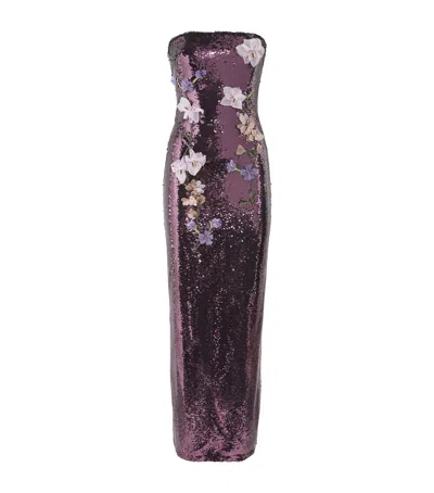 Monique Lhuillier Sequin Floral Column Gown In Black