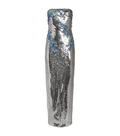 Monique Lhuillier Sequin Floral Gown In Silver
