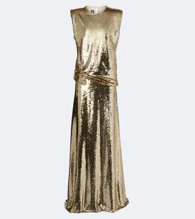 Monique Lhuillier Sequined Embellished Gathered Gown In Gold