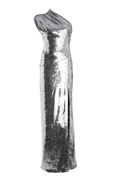Monique Lhuillier Sequined One-shoulder Gown In Silver