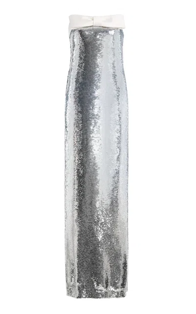 Monique Lhuillier Sequined Strapless Color-block Bow Bodice Gown In Silver