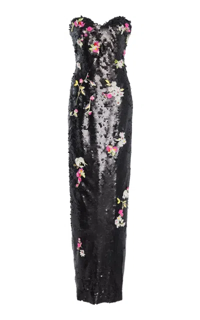 Monique Lhuillier Sequined Strapless Column Gown In Black
