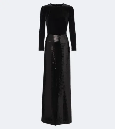 Monique Lhuillier Sequined Velvet-paneled Gown In Black